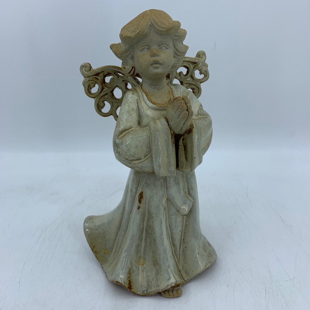 Vintage Ceramic Praying Angel Figurine Filigree Wings Distressed Cottage 8.5"